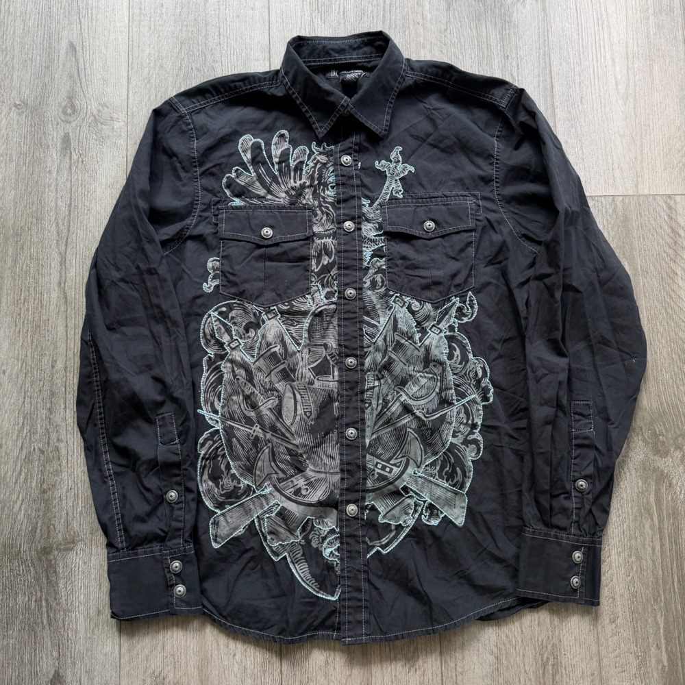 Y2K grunge Mens S Black Graphic Snap Shirt Eagle Sword Print